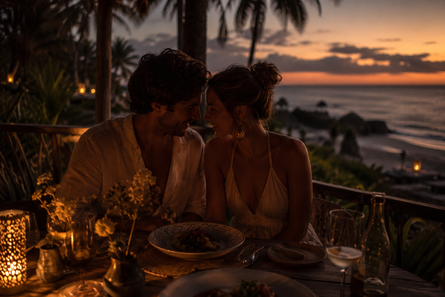 Una pareja compartiendo una cena a la luz de las velas al atardecer frente a la costa de Tulum